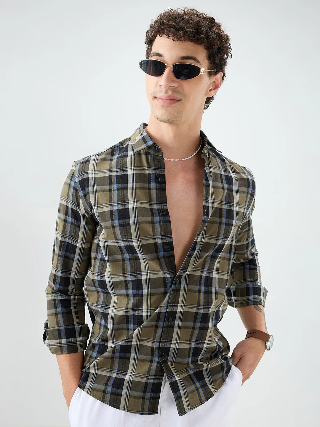 Olive & Black Diamond Loom Checked Shirt - Image 5