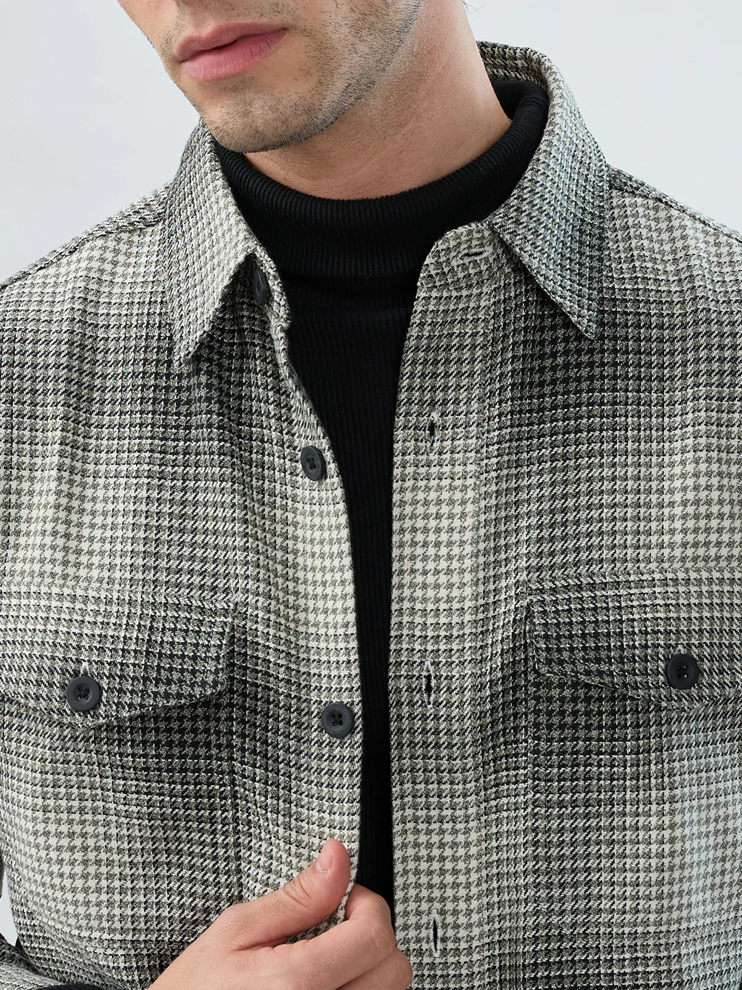 Olive & Black Houndstooth Checks Double Pocket Flannel Shirt - Image 3