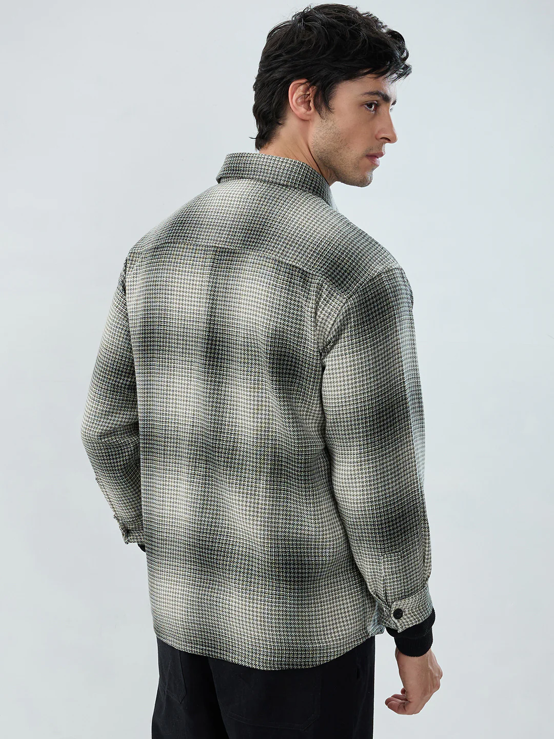 Olive & Black Houndstooth Checks Double Pocket Flannel Shirt - Image 6