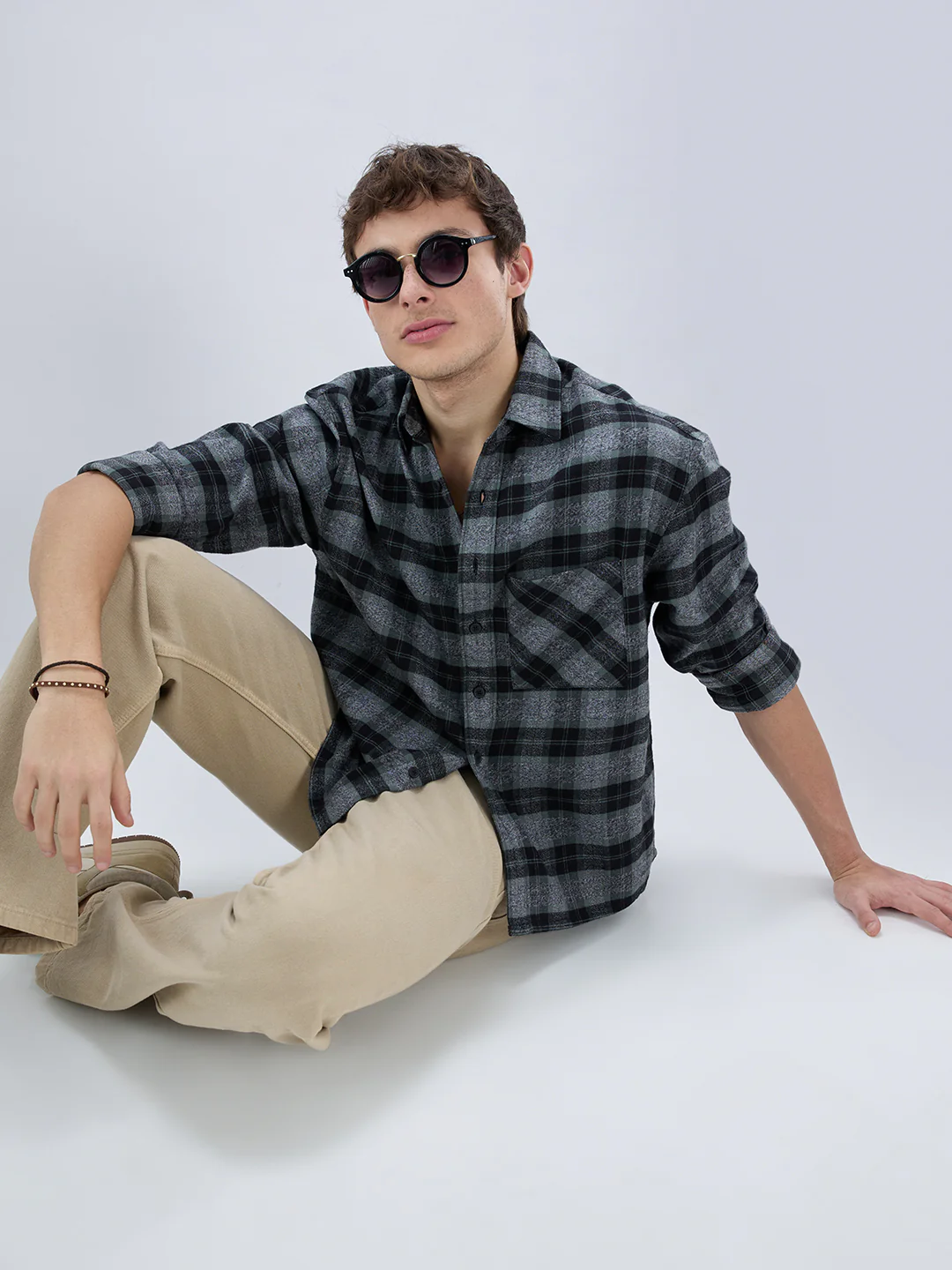 Olive & Black Multicolor Boxy Fit Crop Shirt - Image 4