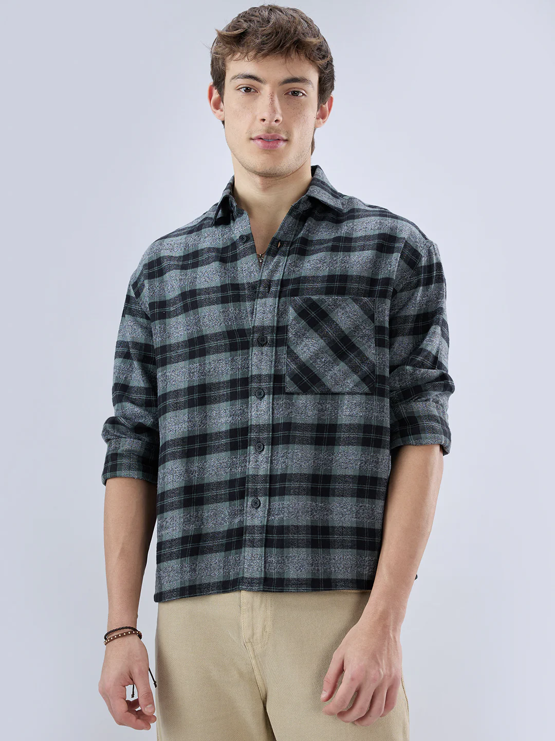 Olive & Black Multicolor Boxy Fit Crop Shirt - Image 5