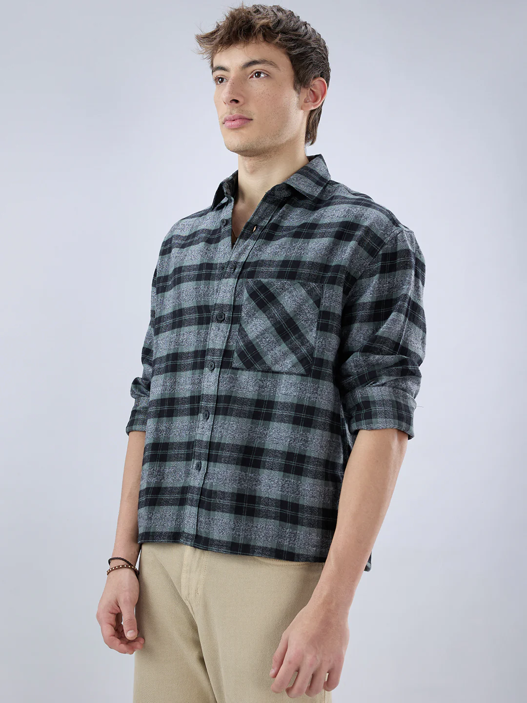 Olive & Black Multicolor Boxy Fit Crop Shirt - Image 6