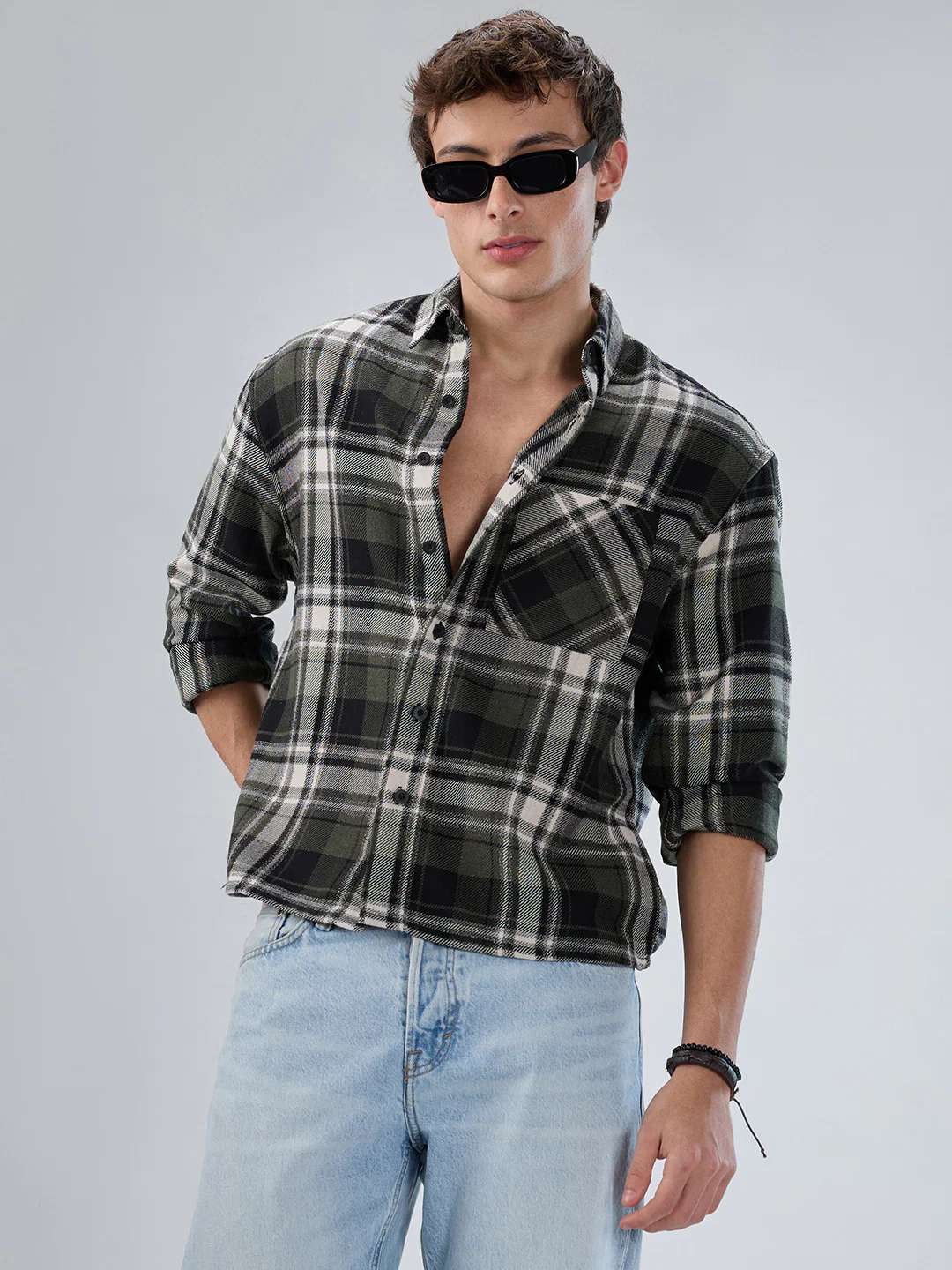 Olive & Black Plaid Checks Boxy Fit Crop Shirt - Image 2