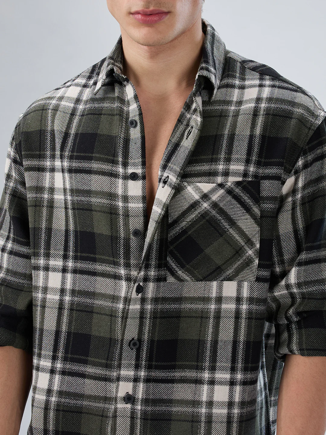Olive & Black Plaid Checks Boxy Fit Crop Shirt - Image 3