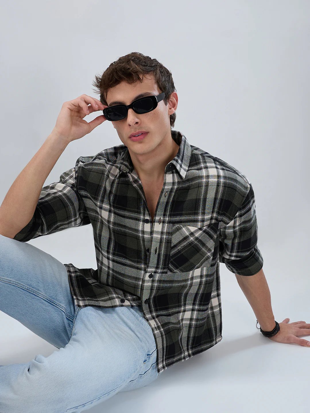 Olive & Black Plaid Checks Boxy Fit Crop Shirt - Image 4