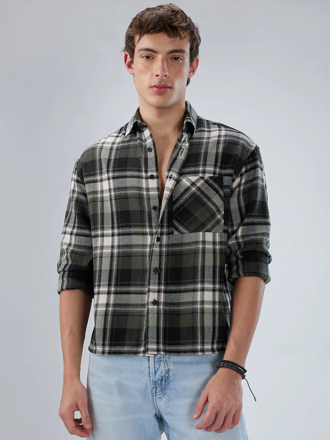 Olive & Black Plaid Checks Boxy Fit Crop Shirt - Image 5