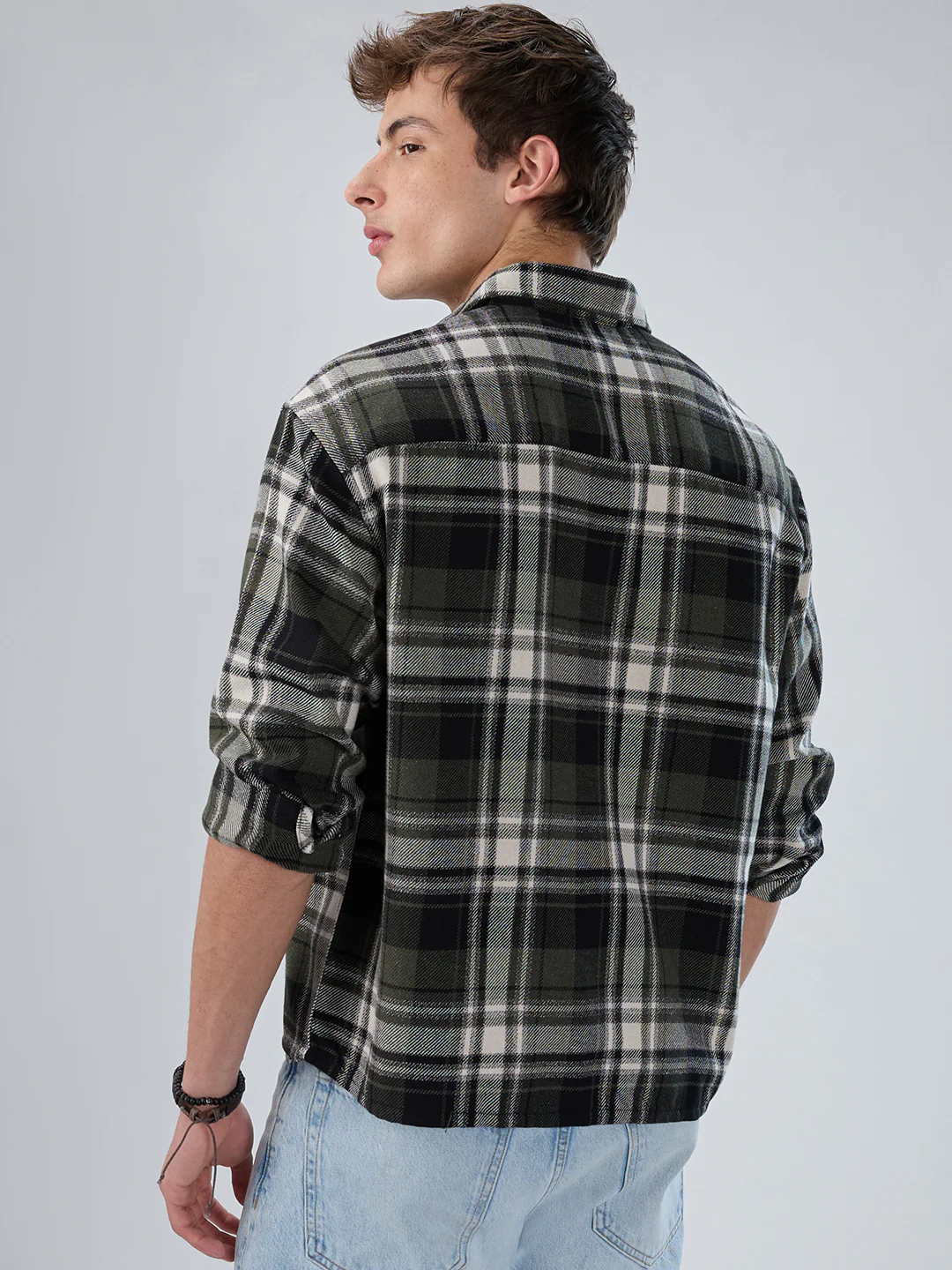 Olive & Black Plaid Checks Boxy Fit Crop Shirt - Image 7
