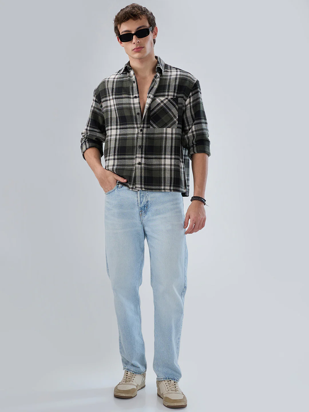 Olive & Black Plaid Checks Boxy Fit Crop Shirt - Image 8