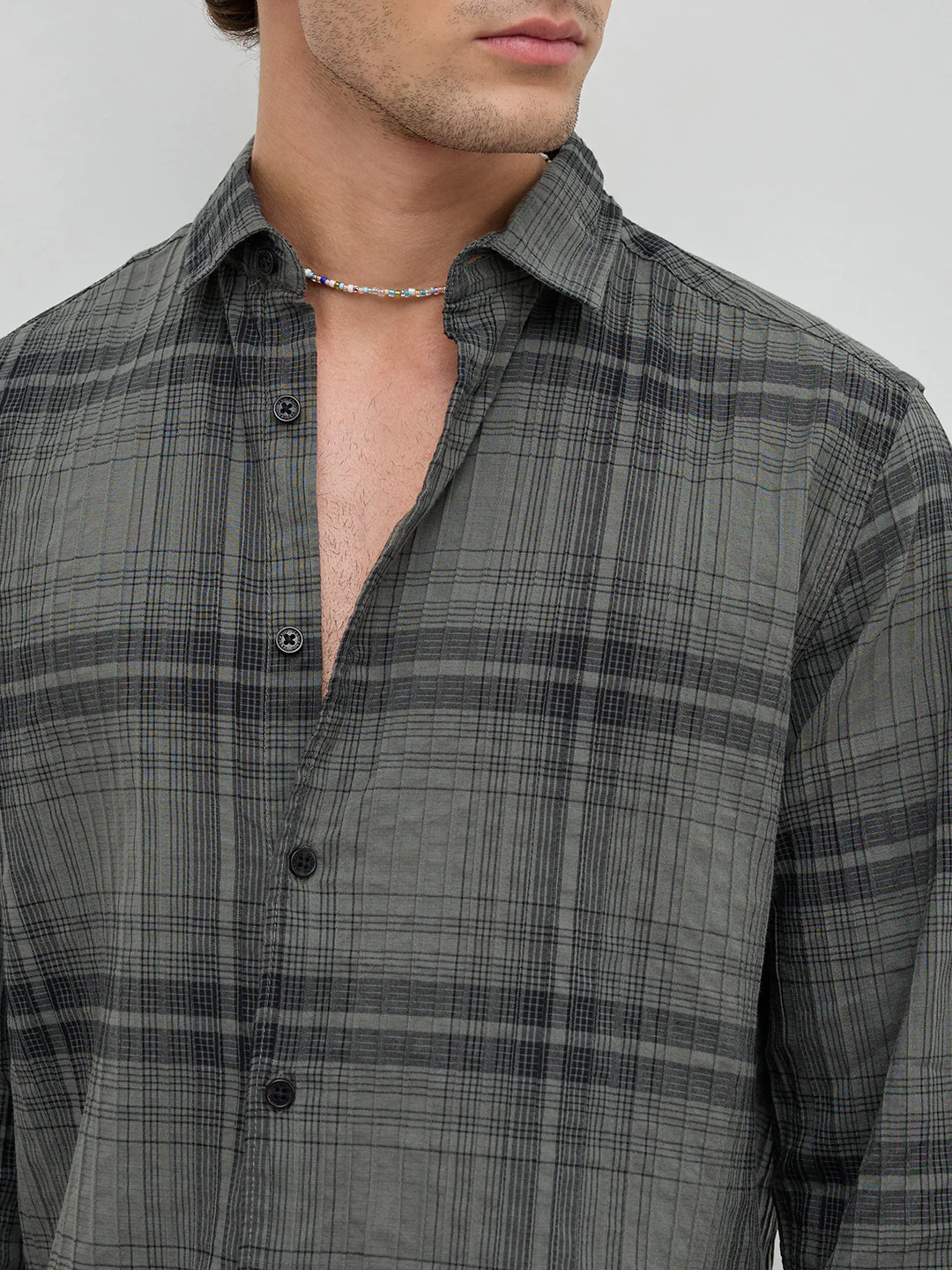 Olive & Black Plaid Checks Textured Shirt - Image 3