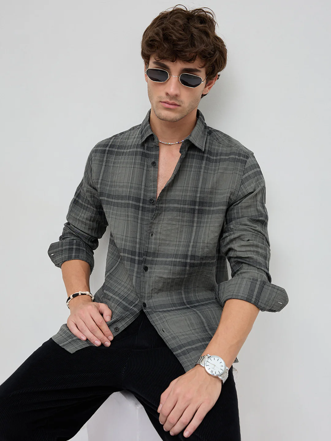 Olive & Black Plaid Checks Textured Shirt - Image 4