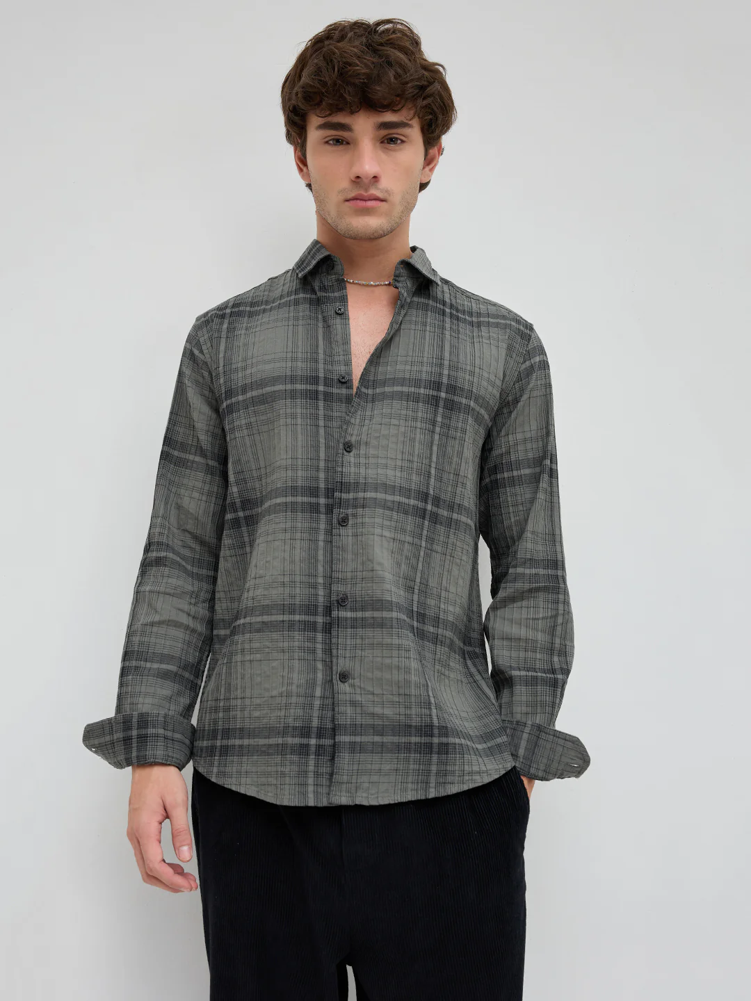 Olive & Black Plaid Checks Textured Shirt - Image 5