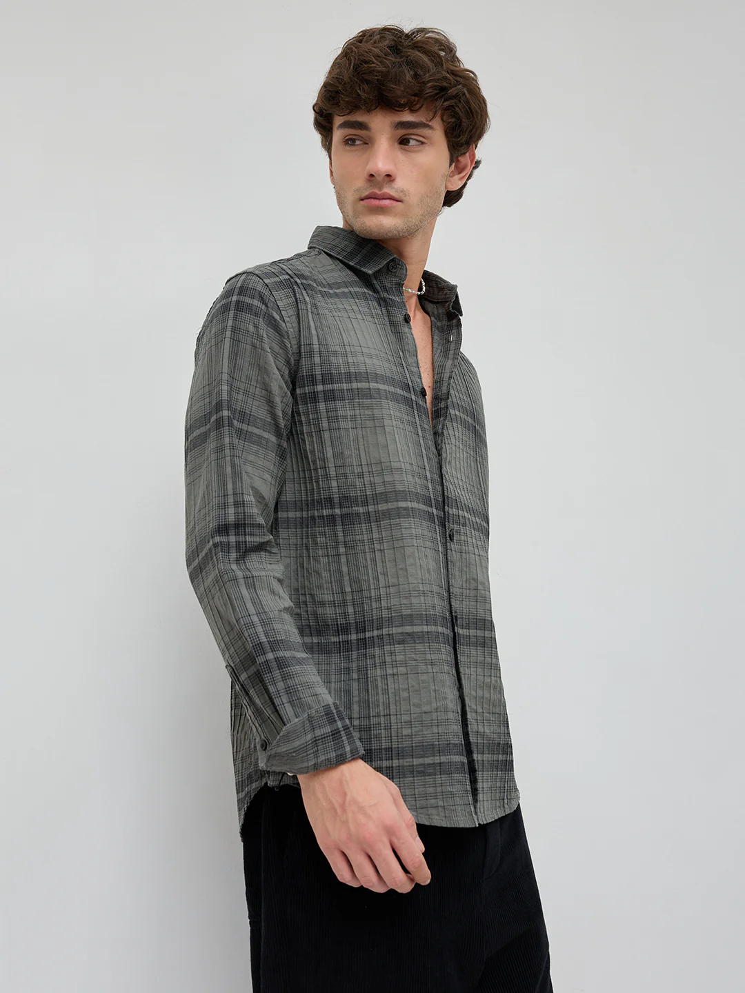 Olive & Black Plaid Checks Textured Shirt - Image 6