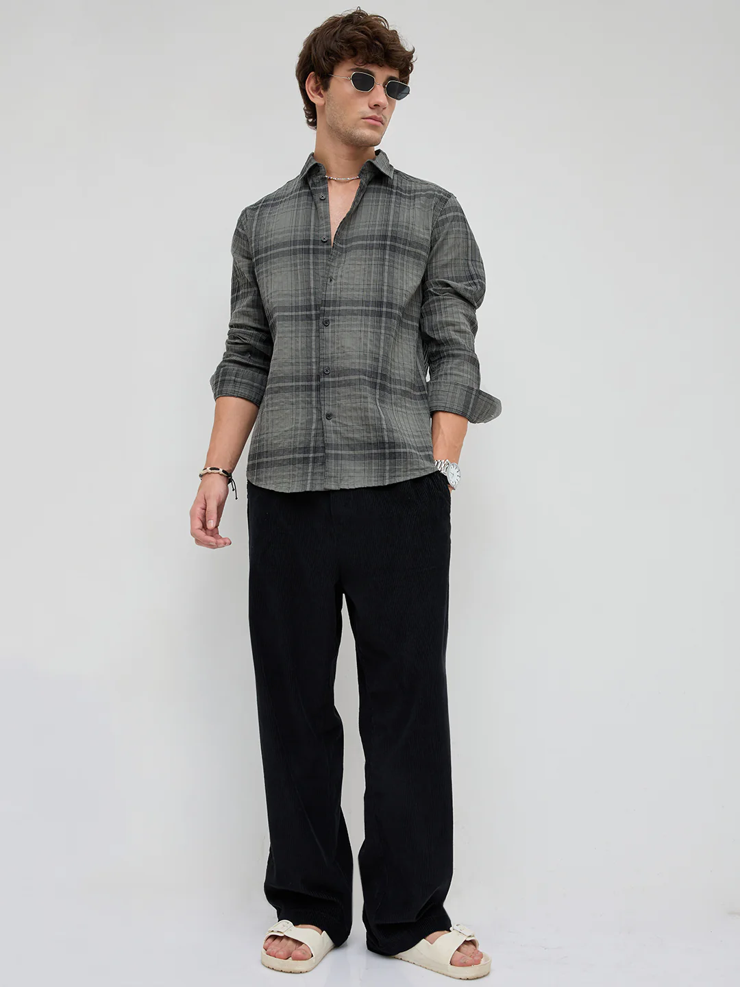 Olive & Black Plaid Checks Textured Shirt - Image 7