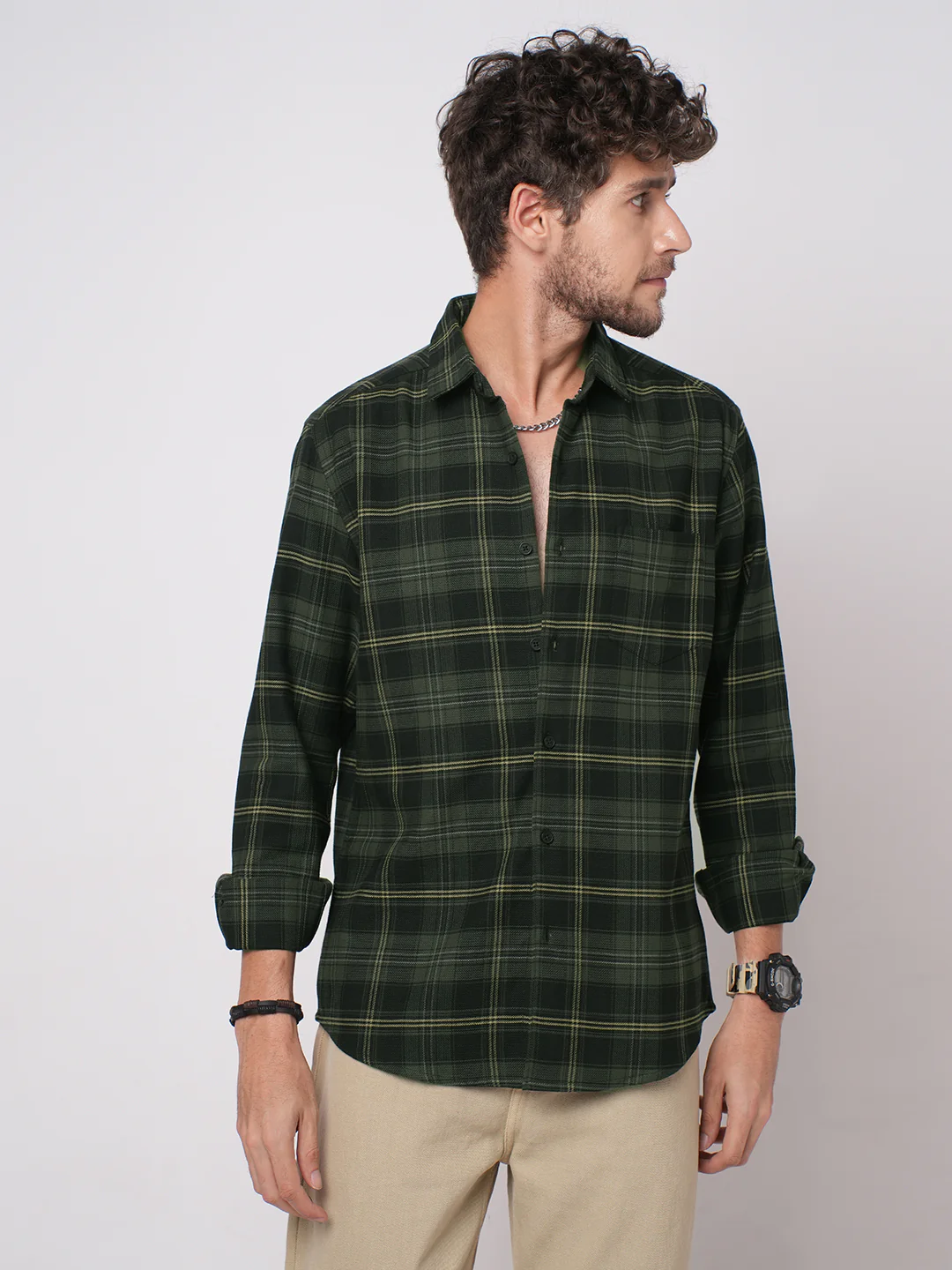 Premium Cotton Olive & Black Tartan Checked Shirt - Image 4