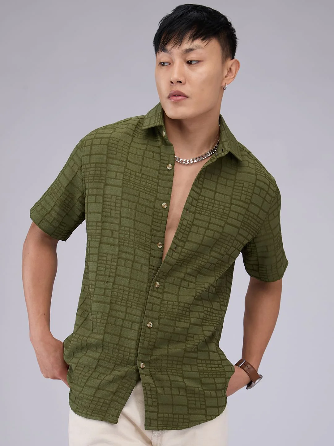 Olive Bold Square Textured Shirt - Image 4