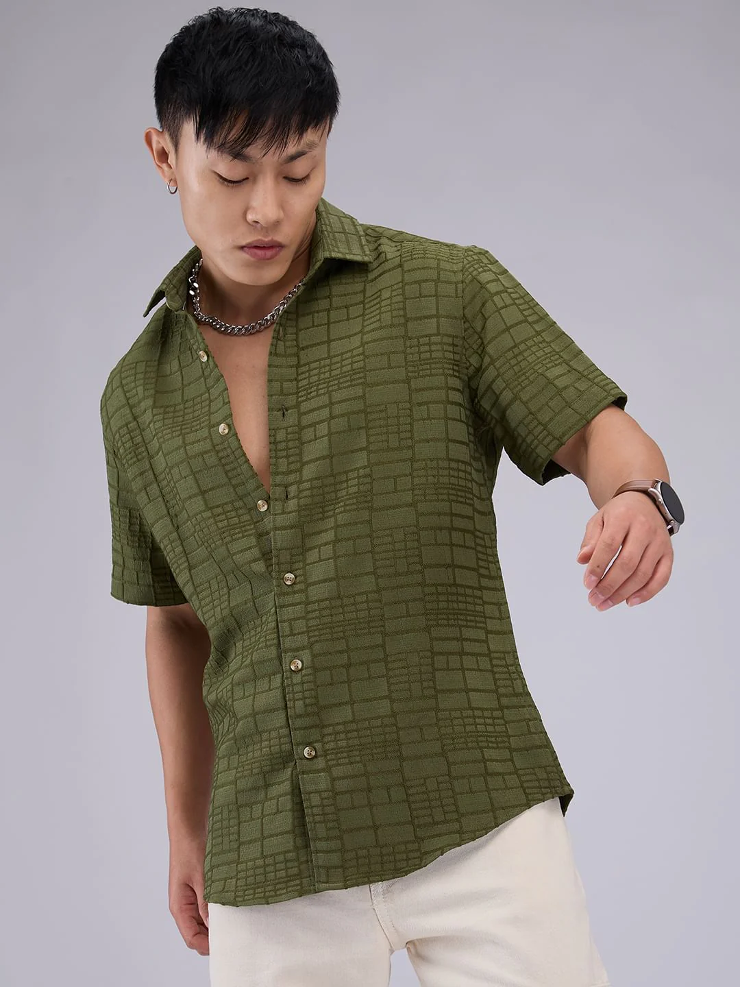 Olive Bold Square Textured Shirt - Image 5