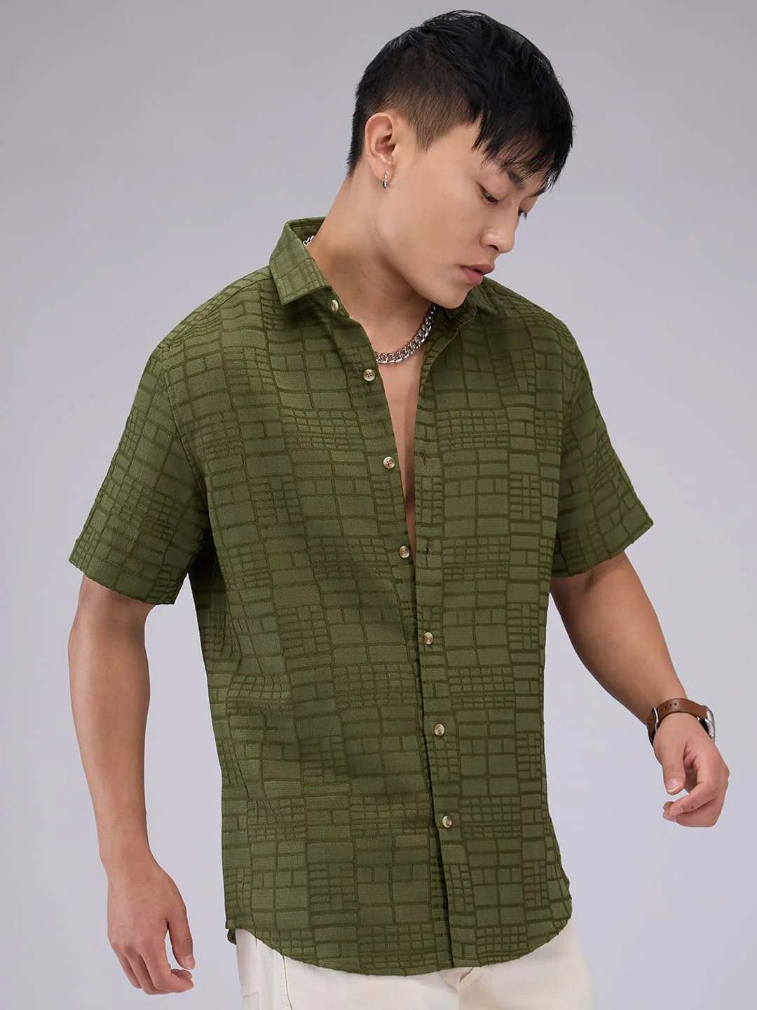 Olive Bold Square Textured Shirt - Image 6