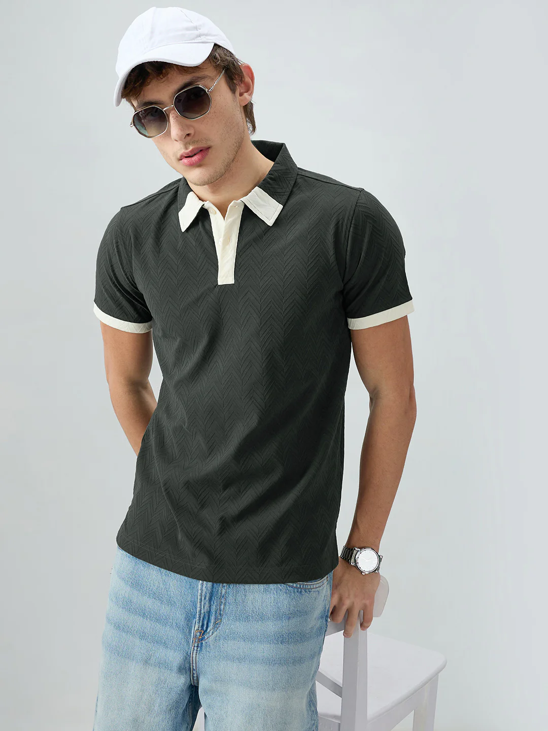 Olive Chevron Contrast Polo Neck Knit T-shirt