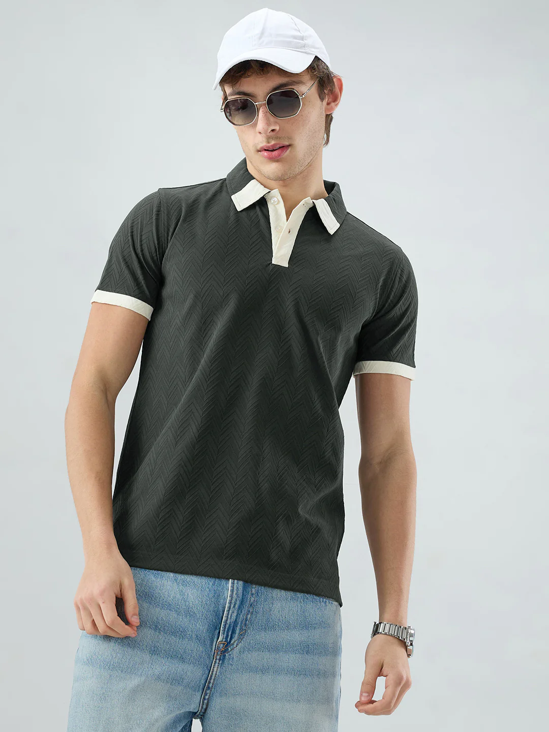 Olive Chevron Contrast Polo Neck Knit T-shirt - Image 4