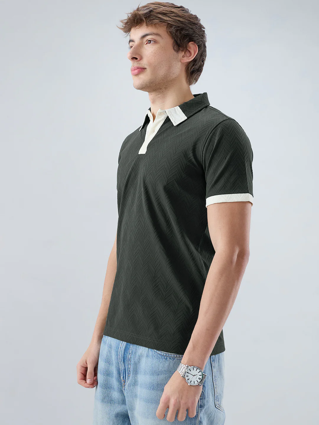 Olive Chevron Contrast Polo Neck Knit T-shirt - Image 5