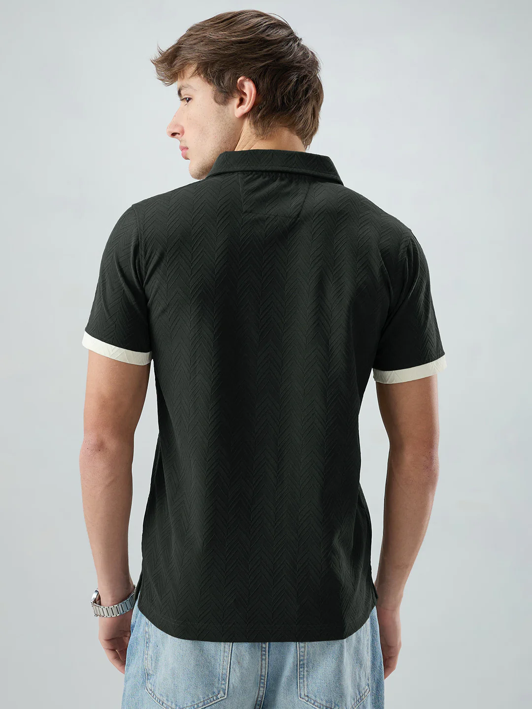 Olive Chevron Contrast Polo Neck Knit T-shirt - Image 6