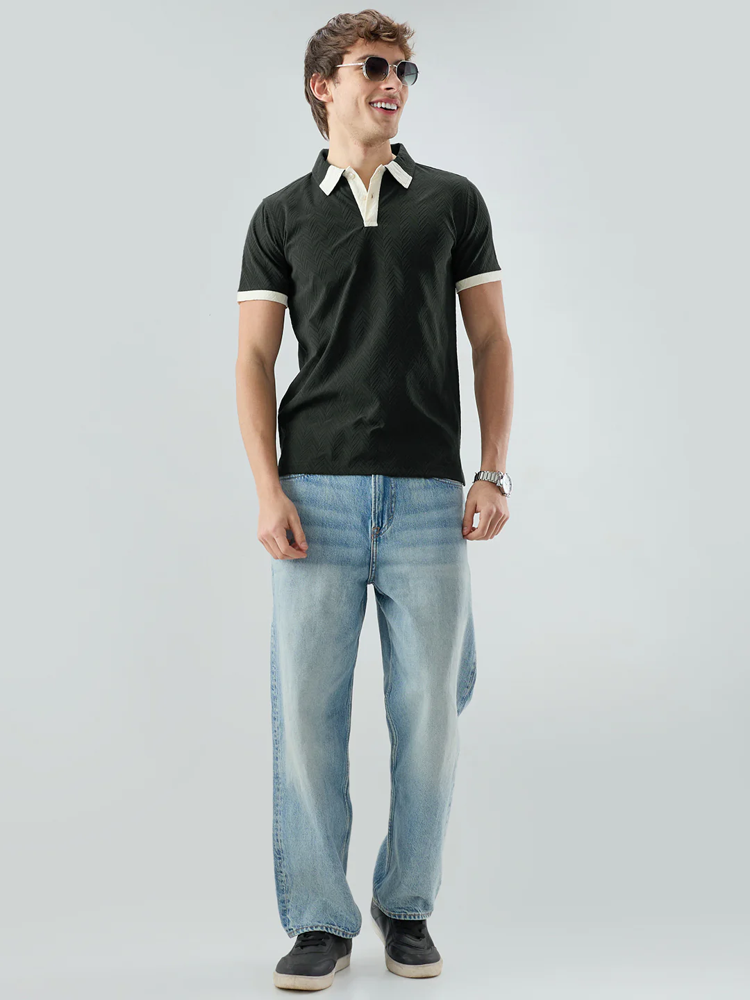 Olive Chevron Contrast Polo Neck Knit T-shirt - Image 7