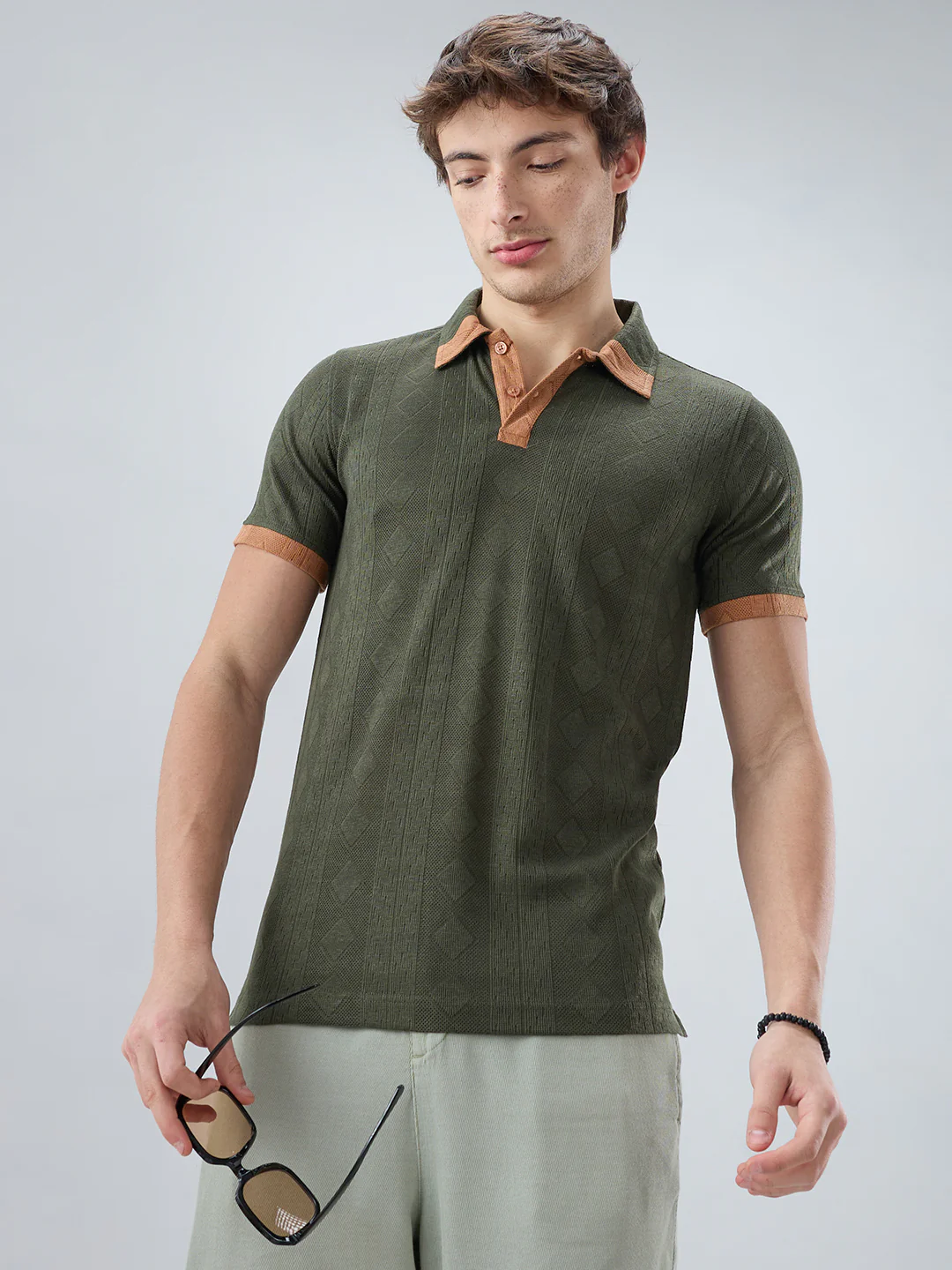 Olive Contrast Polo Neck Knit T-shirt - Image 2