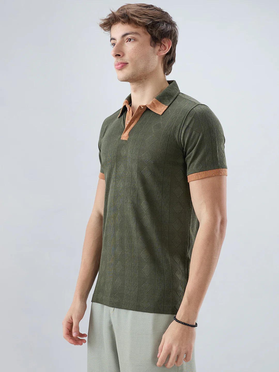 Olive Contrast Polo Neck Knit T-shirt - Image 6