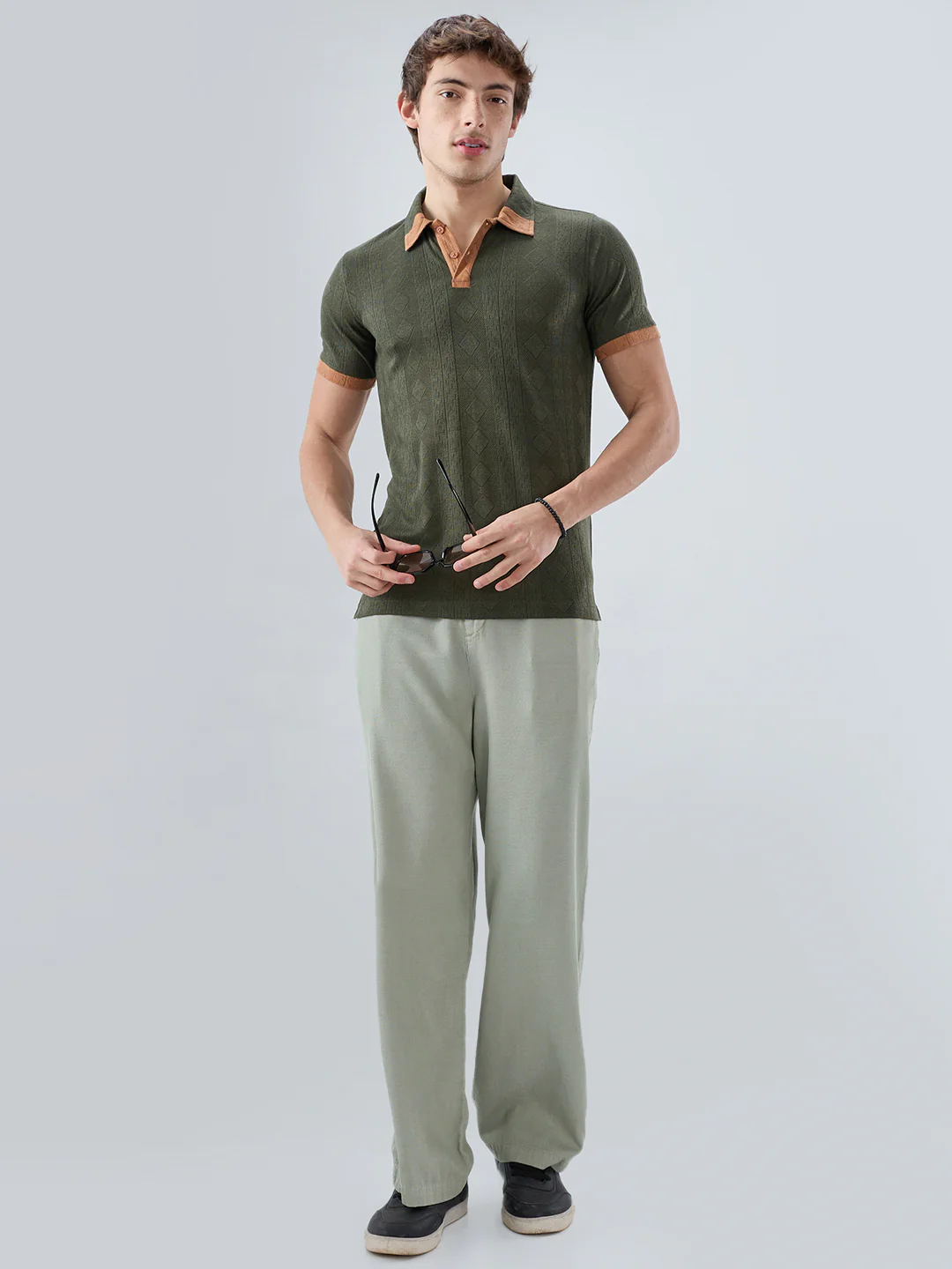 Olive Contrast Polo Neck Knit T-shirt - Image 8