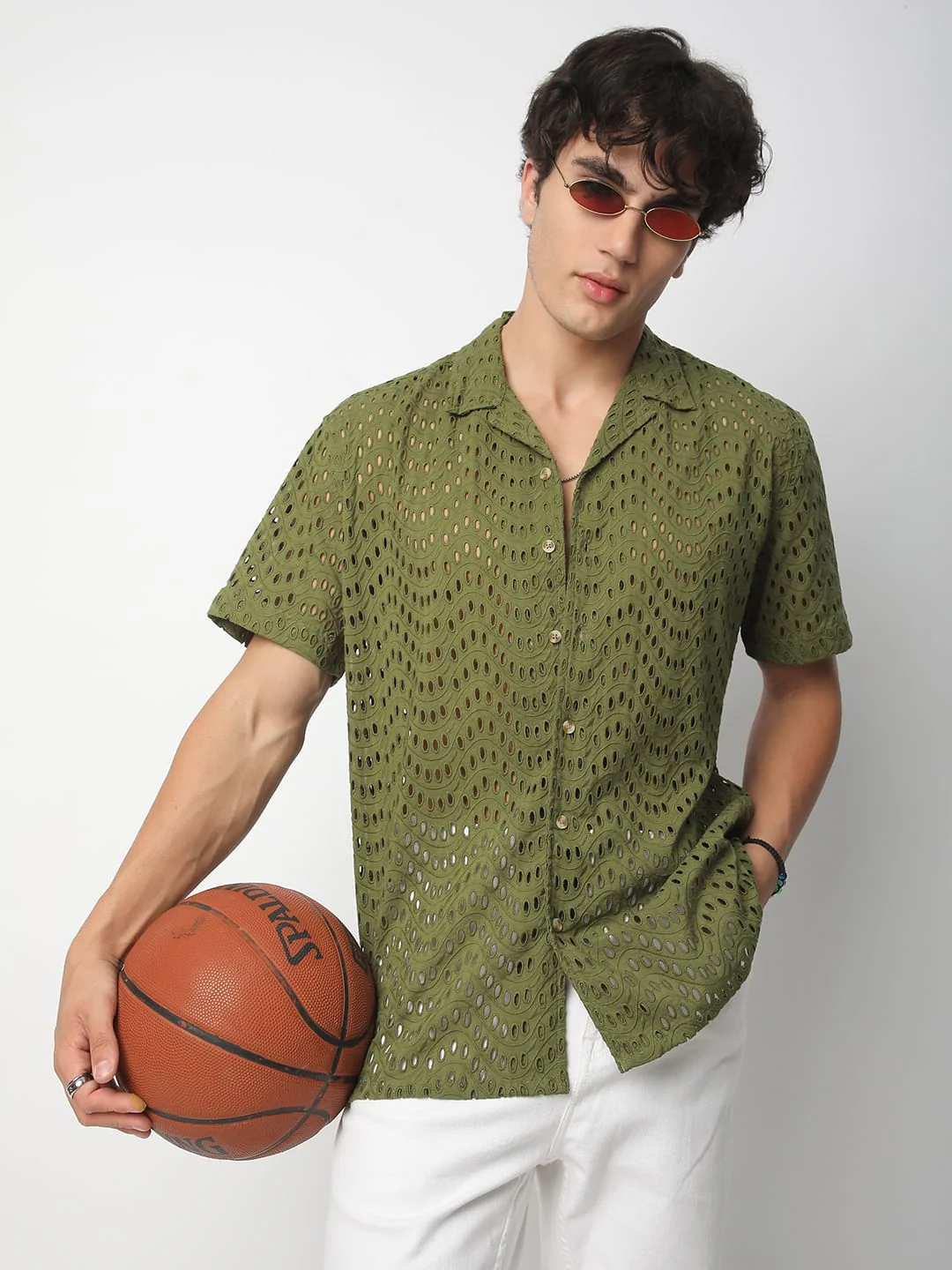 Olive Curved Schiffli Oversized Shirt - Image 4