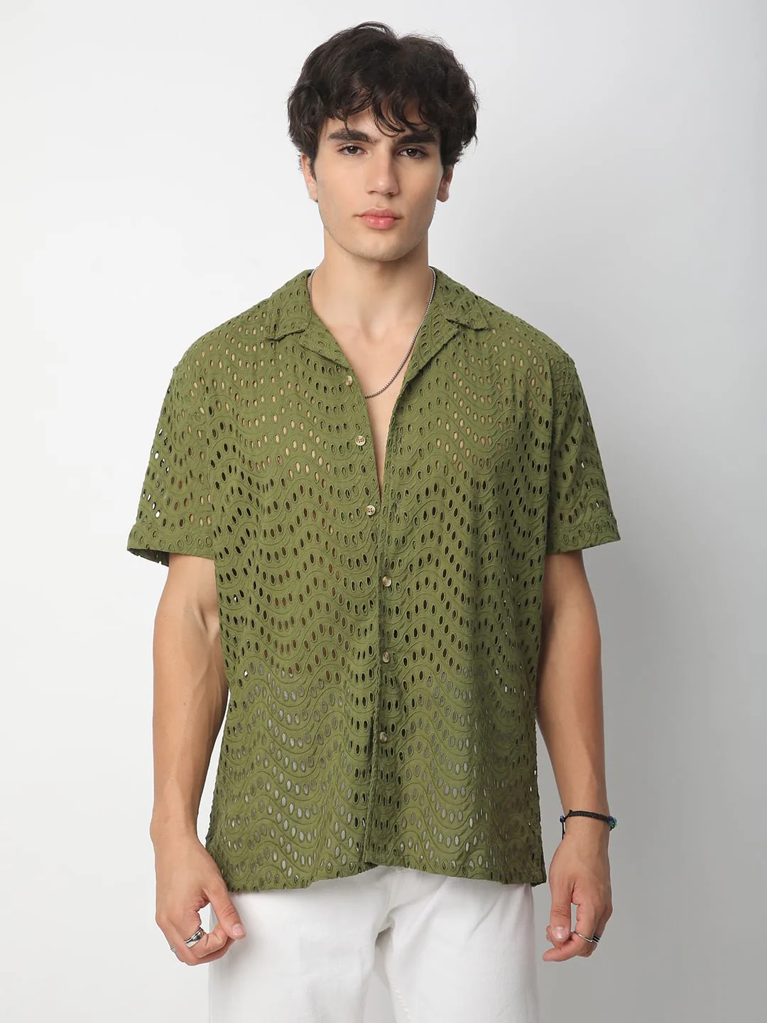 Olive Curved Schiffli Oversized Shirt - Image 5