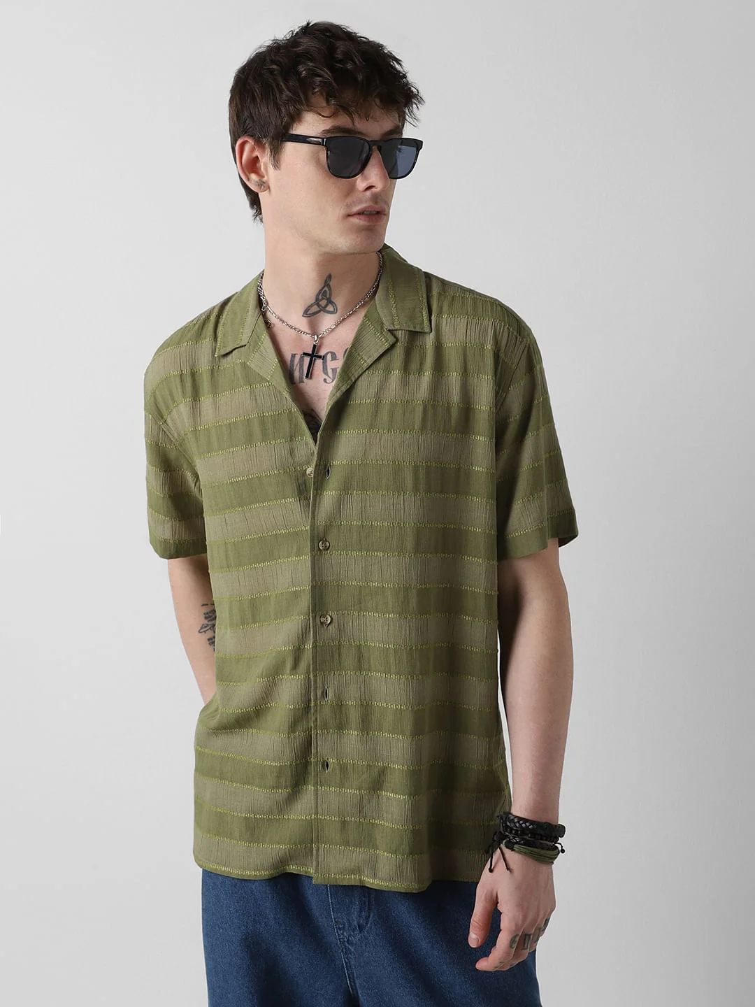 Olive Dobby Striped Notch Collar Oversized Shirt - Image 4