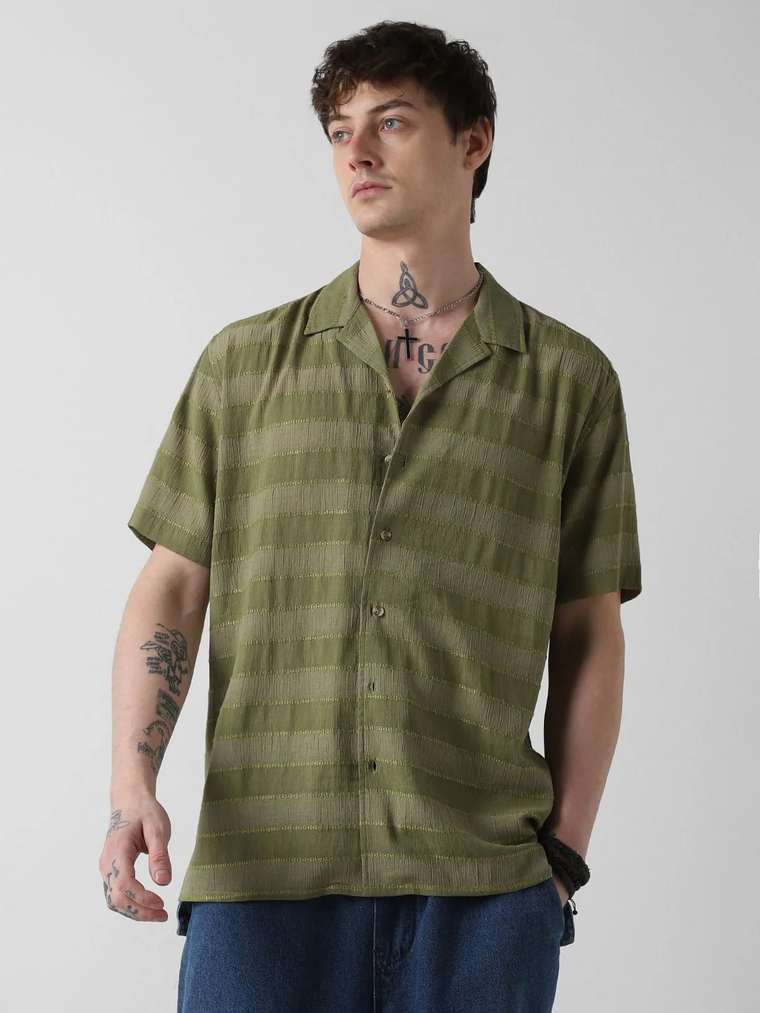 Olive Dobby Striped Notch Collar Oversized Shirt - Image 5