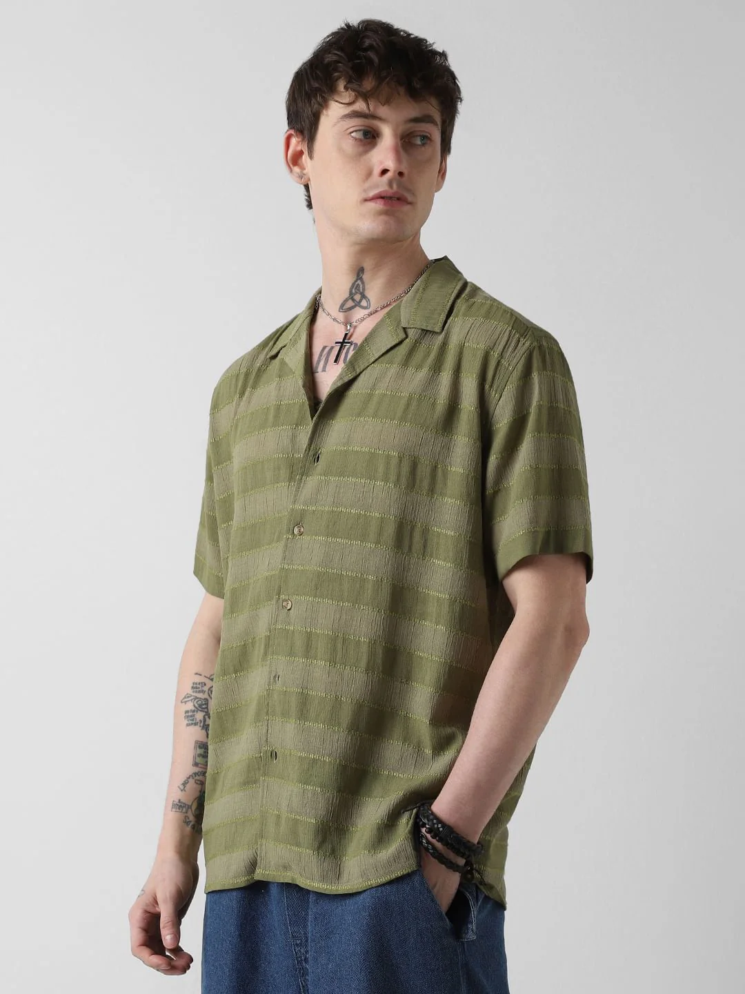 Olive Dobby Striped Notch Collar Oversized Shirt - Image 6