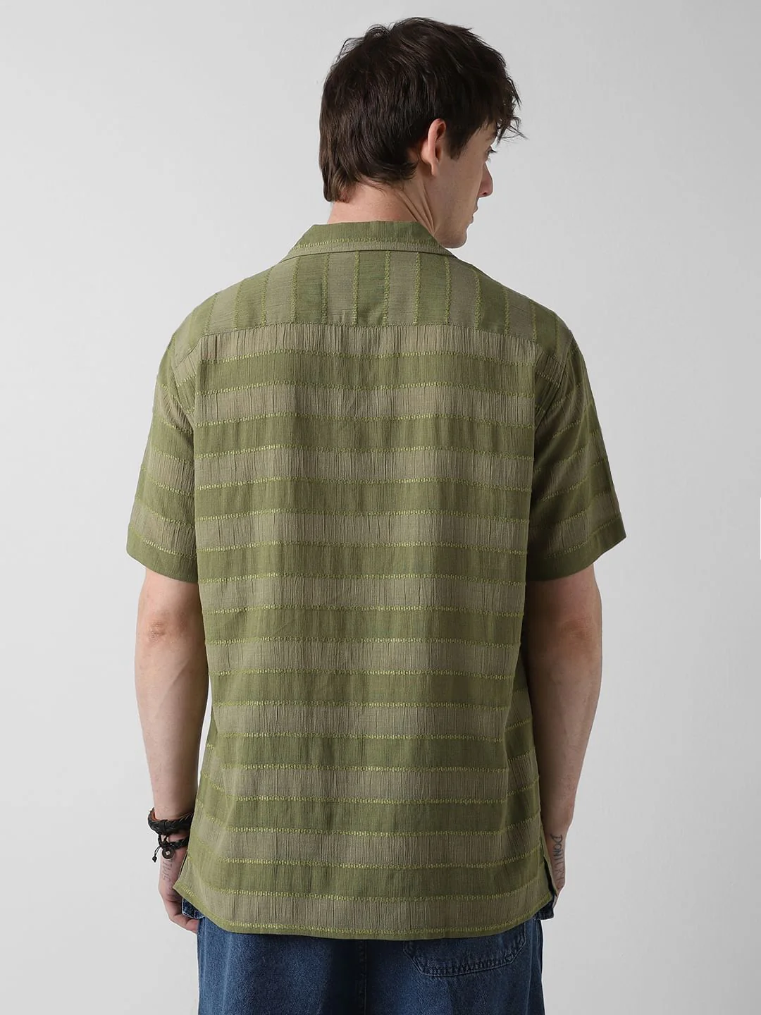 Olive Dobby Striped Notch Collar Oversized Shirt - Image 7