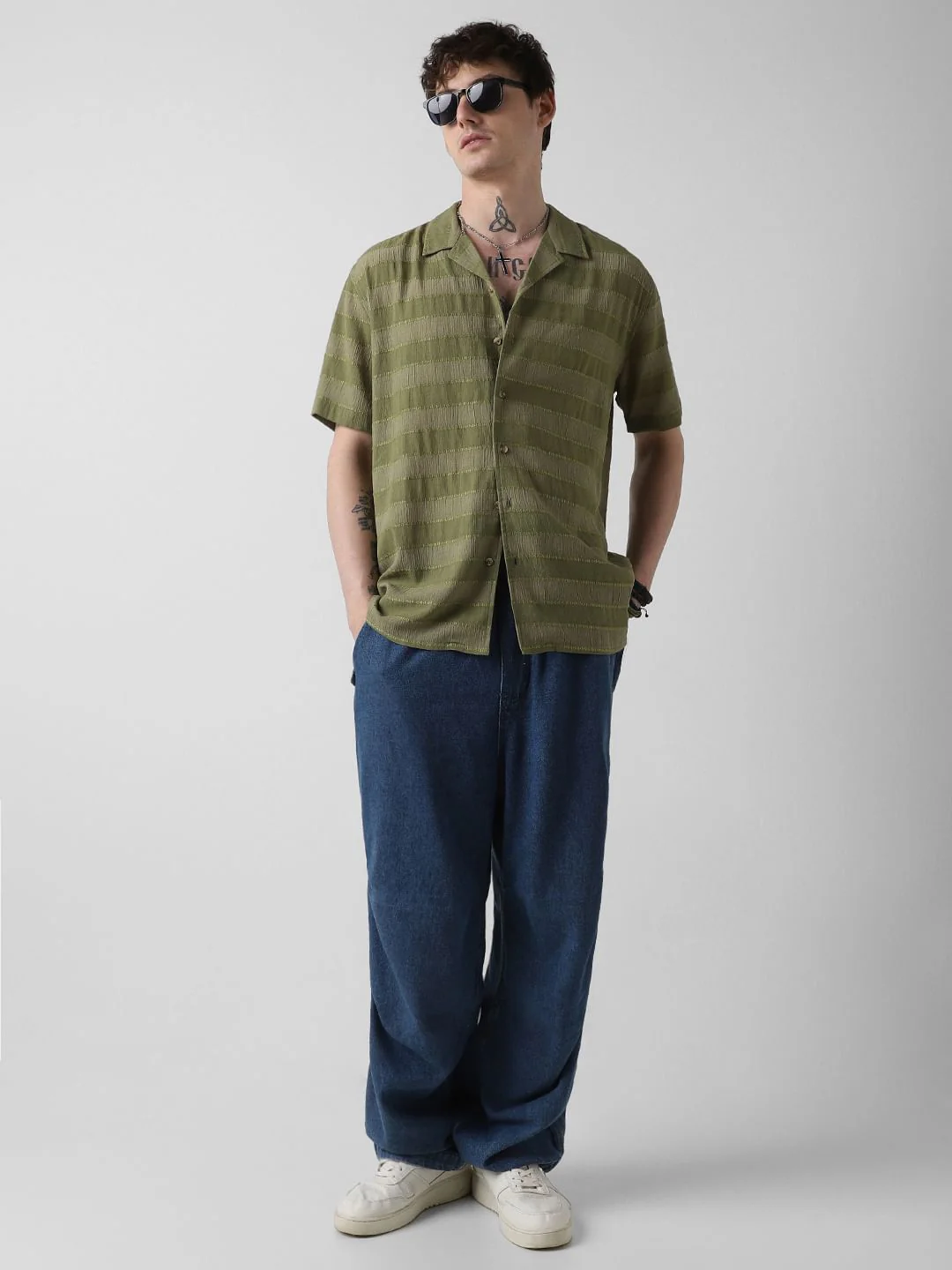 Olive Dobby Striped Notch Collar Oversized Shirt - Image 8