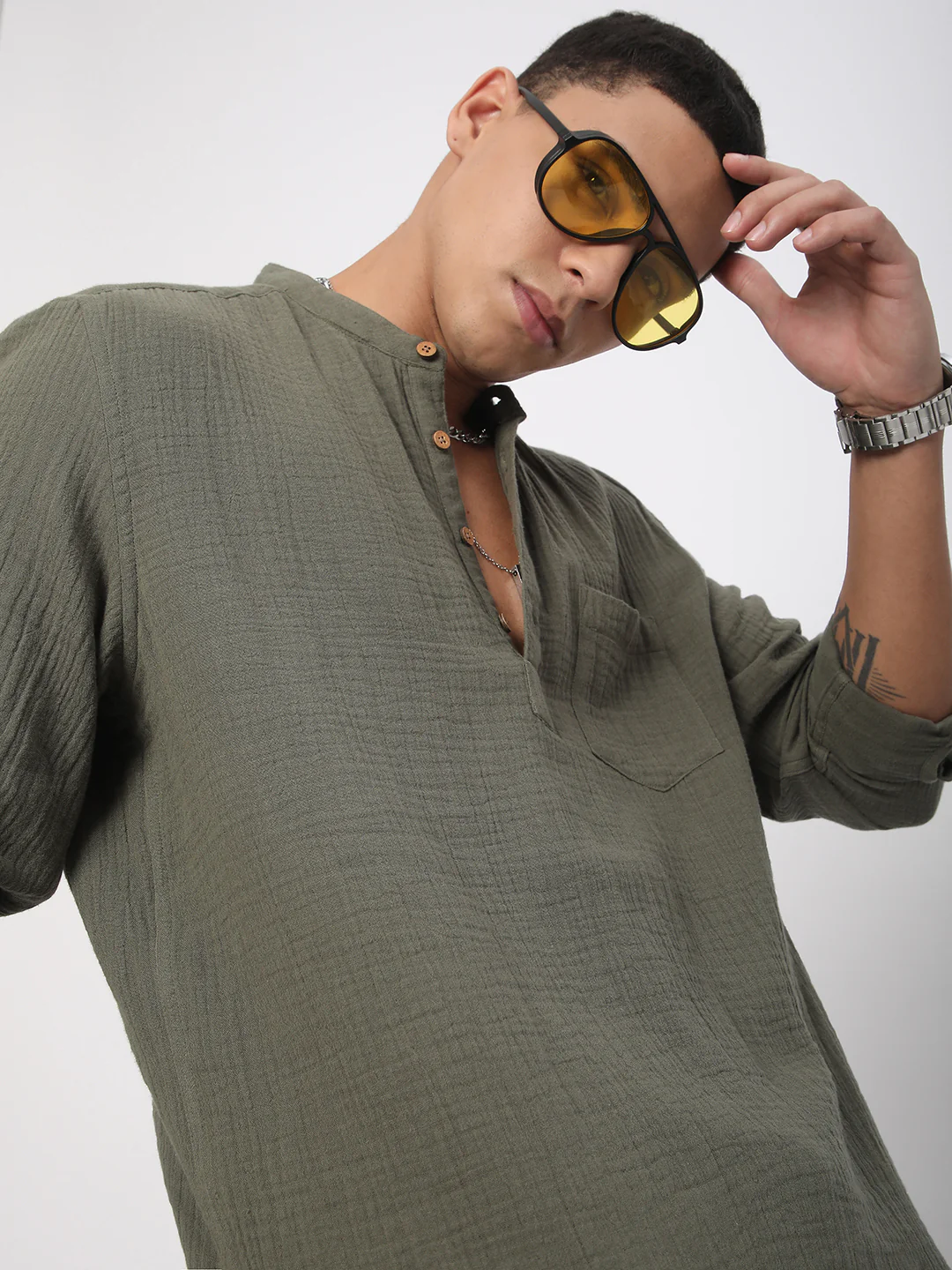 Olive Double Cloth Crinkled Kurta - Image 2