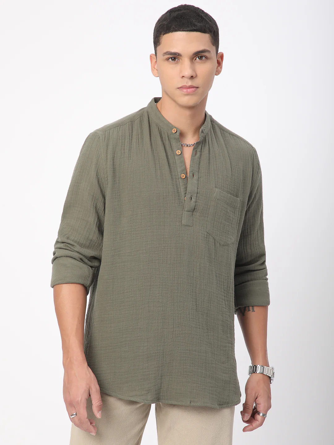 Olive Double Cloth Crinkled Kurta - Image 3