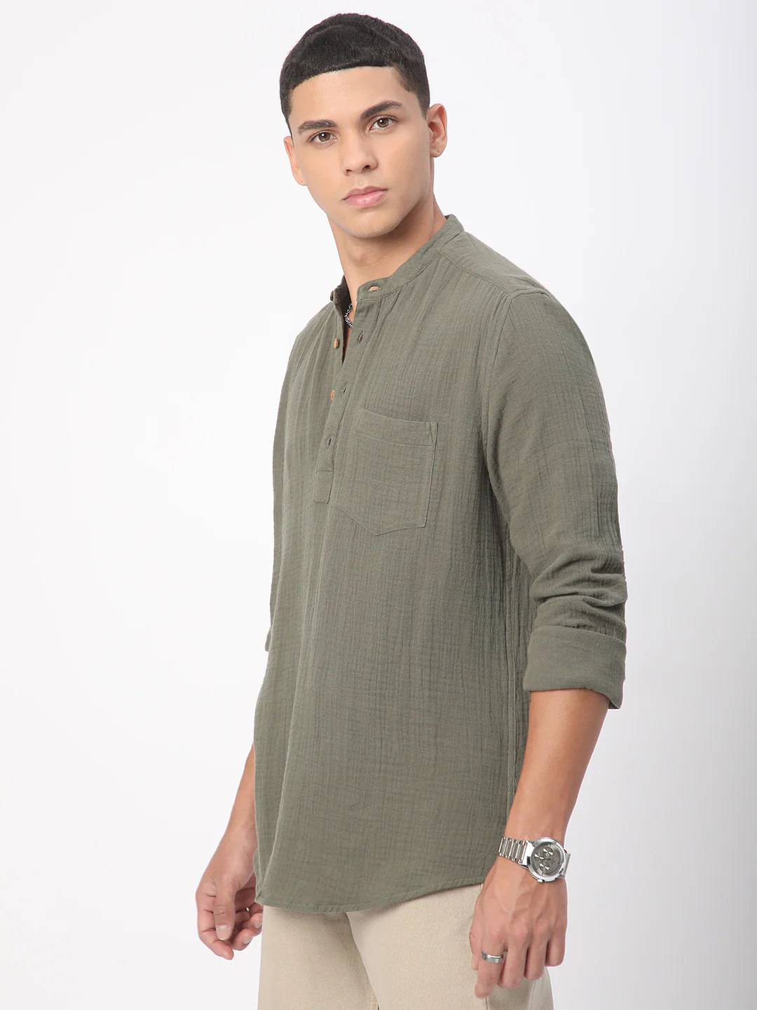 Olive Double Cloth Crinkled Kurta - Image 4