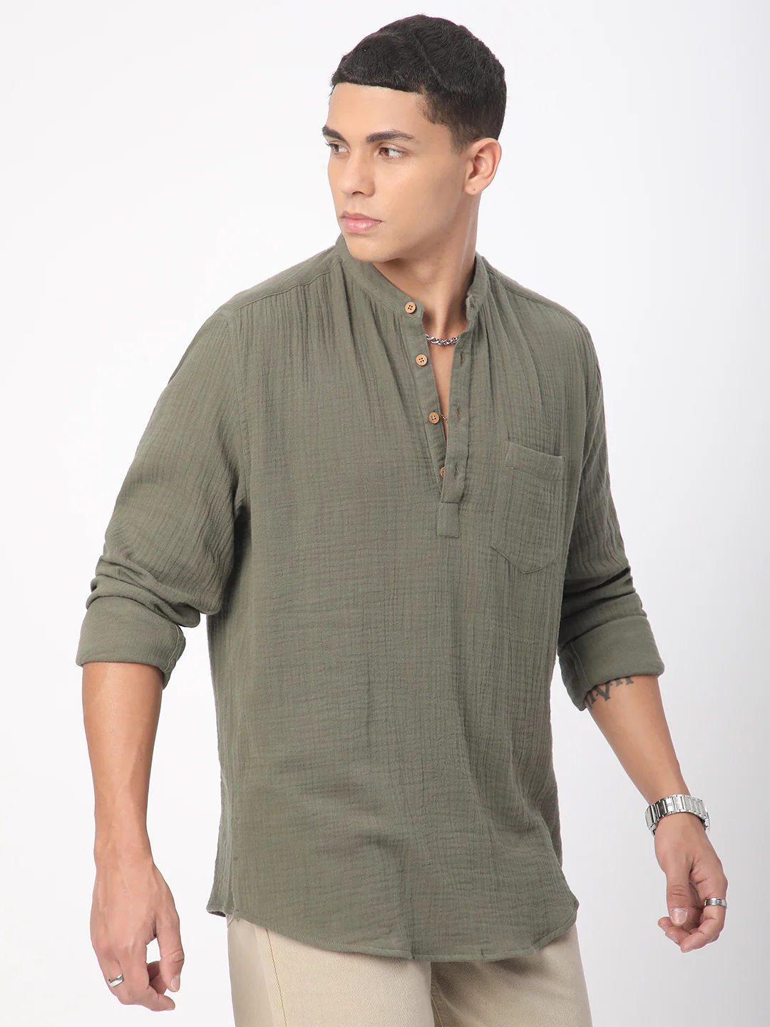 Olive Double Cloth Crinkled Kurta - Image 5