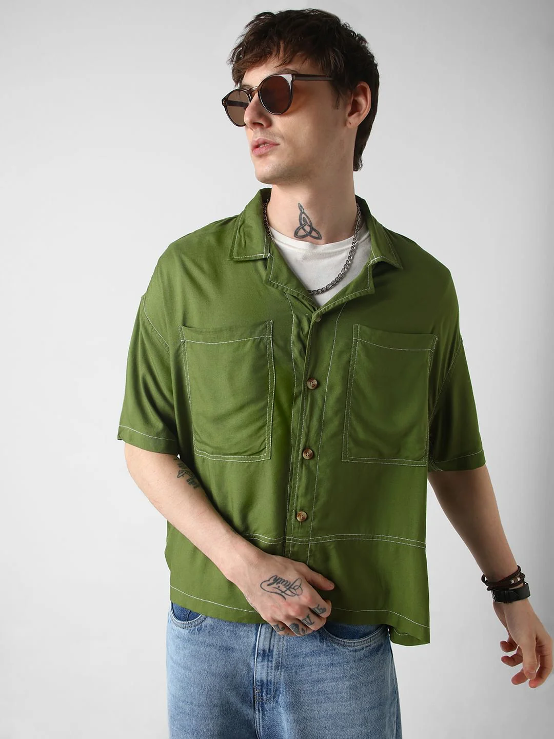 Olive Double Pocket Oversized Cropped Shirt - Image 3