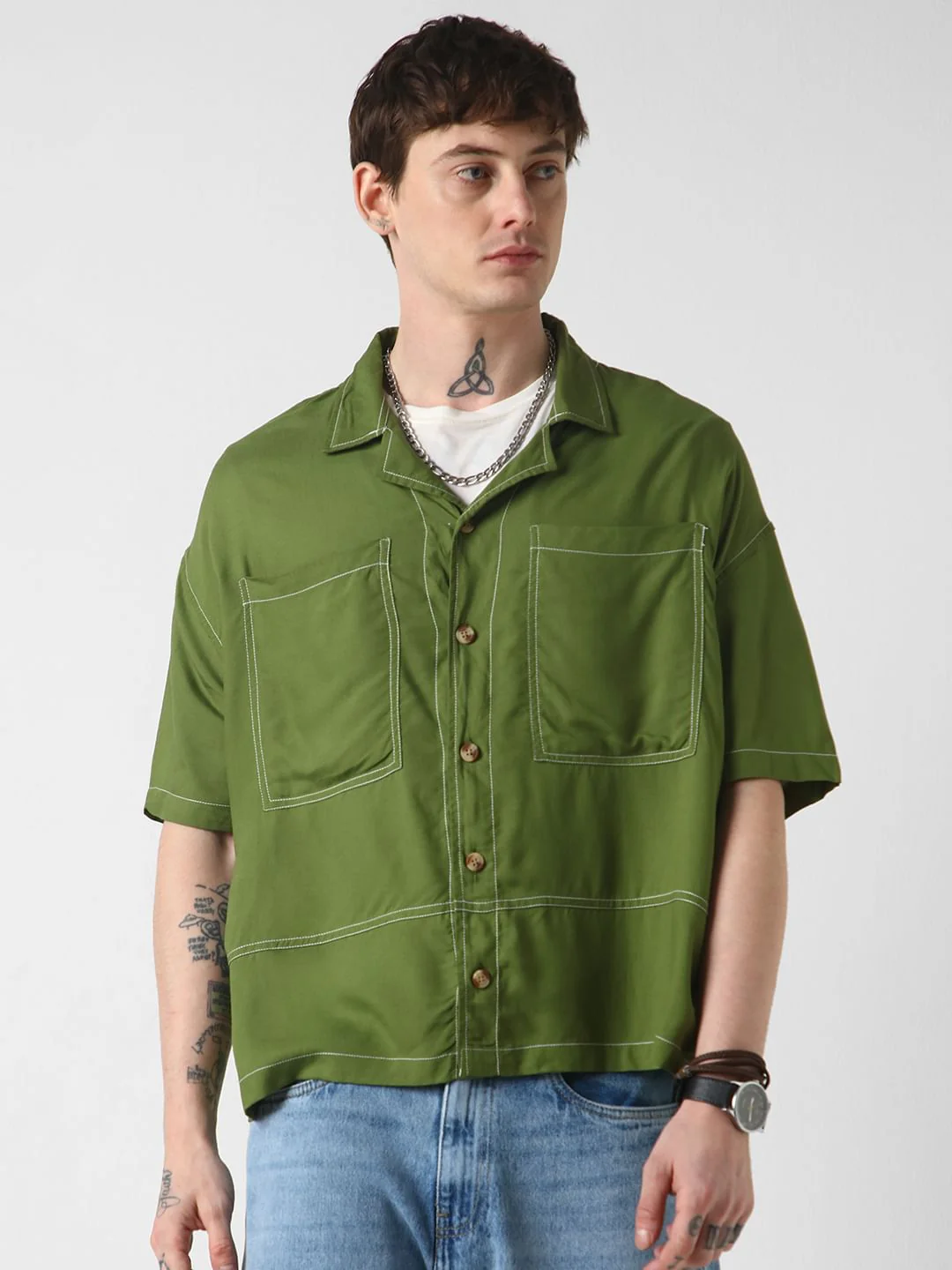 Olive Double Pocket Oversized Cropped Shirt - Image 4