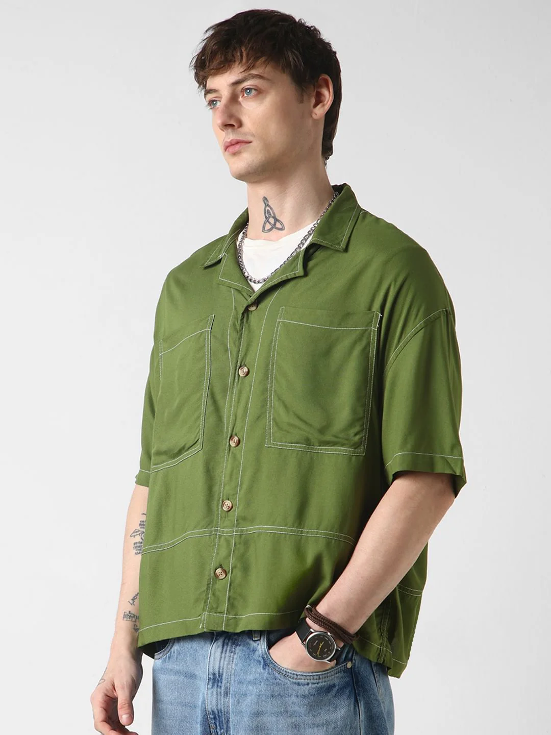 Olive Double Pocket Oversized Cropped Shirt - Image 5