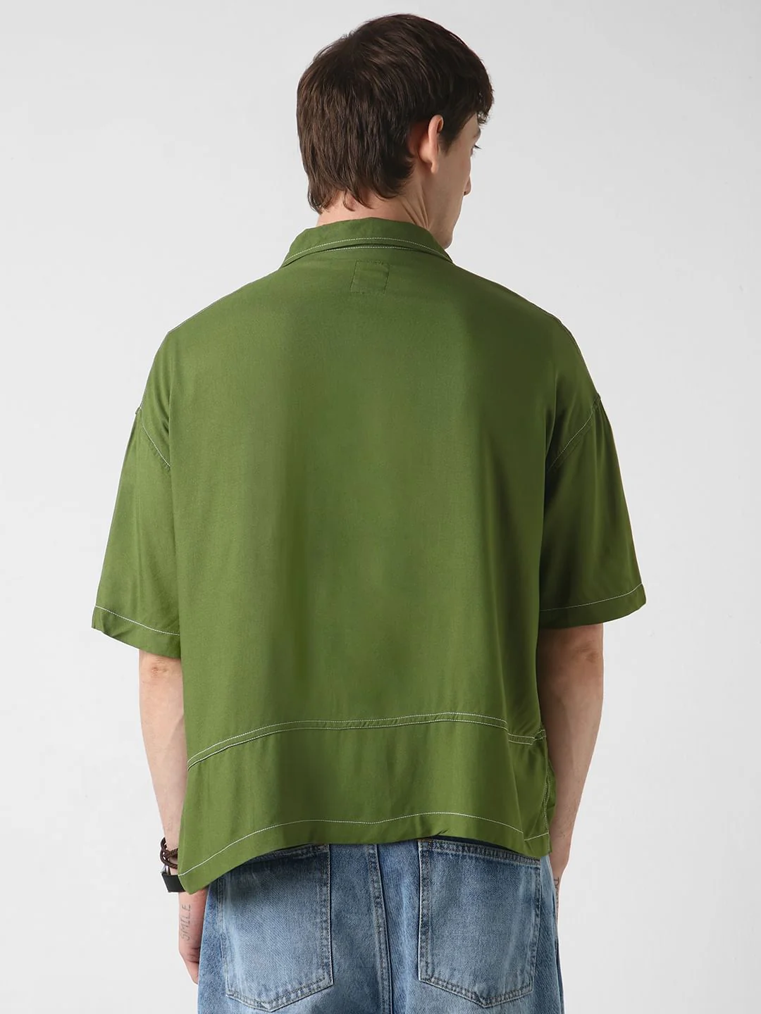 Olive Double Pocket Oversized Cropped Shirt - Image 6