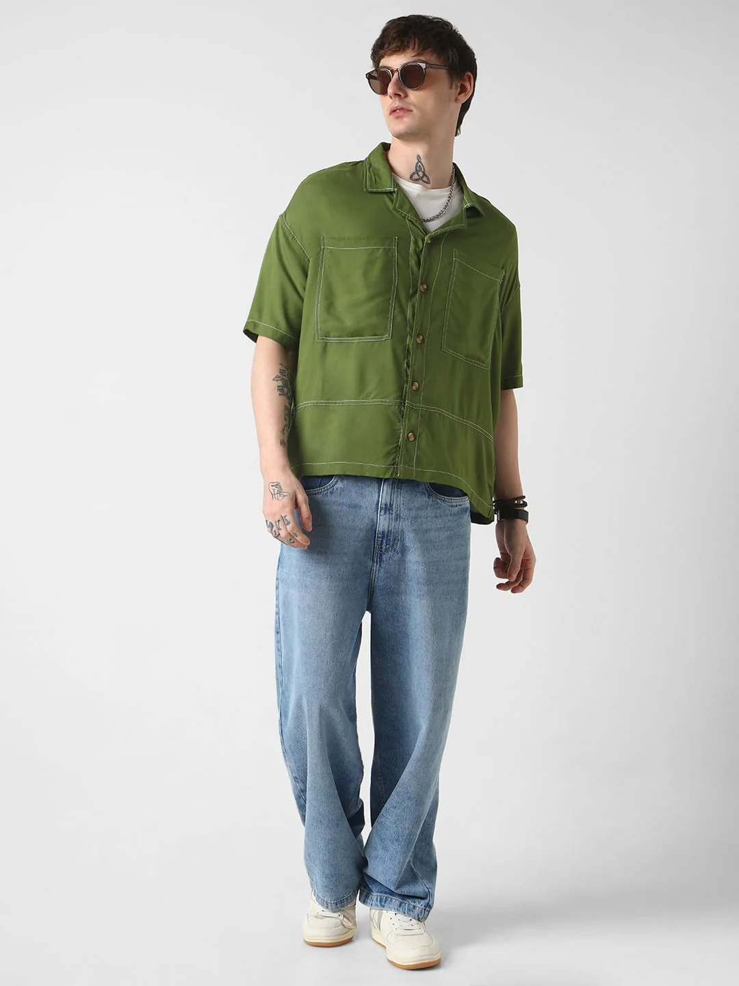 Olive Double Pocket Oversized Cropped Shirt - Image 7