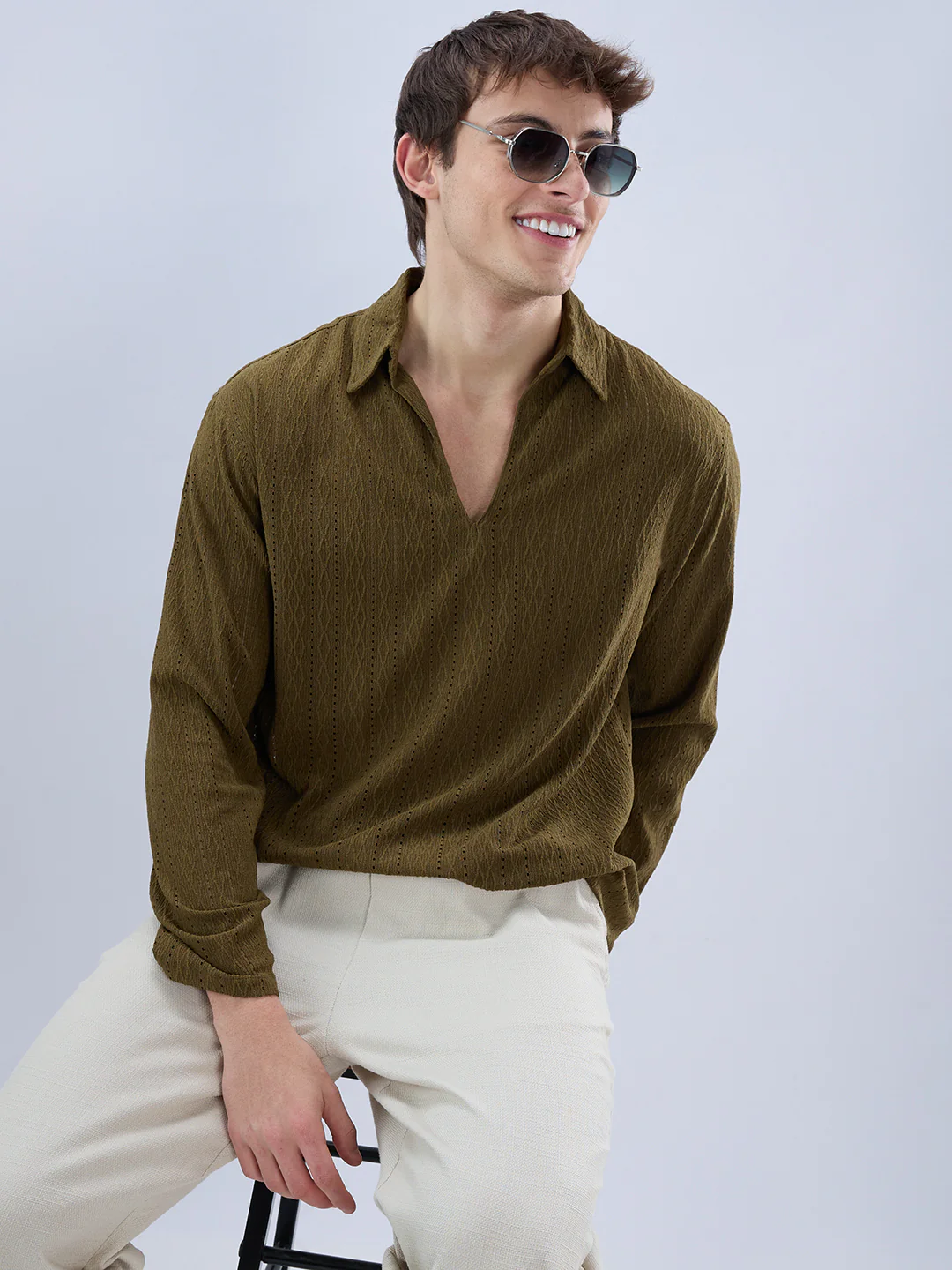 Olive Fine Lozenge Weave Polo Oversized Shirt - Image 2