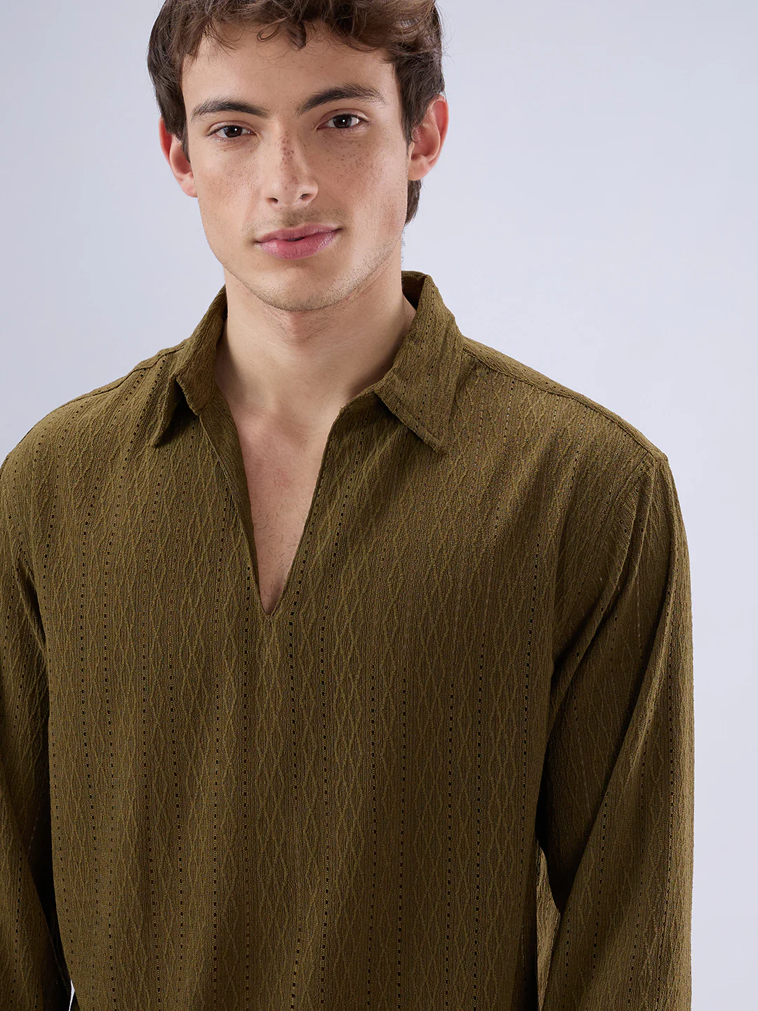 Olive Fine Lozenge Weave Polo Oversized Shirt - Image 3