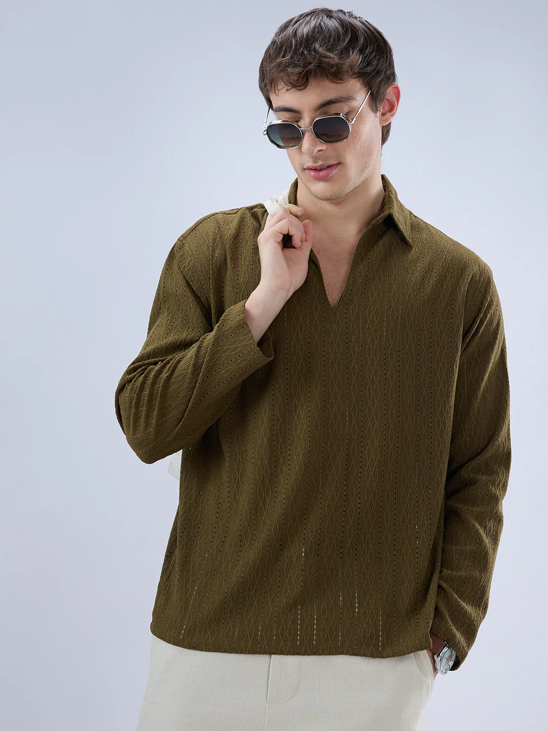 Olive Fine Lozenge Weave Polo Oversized Shirt - Image 4