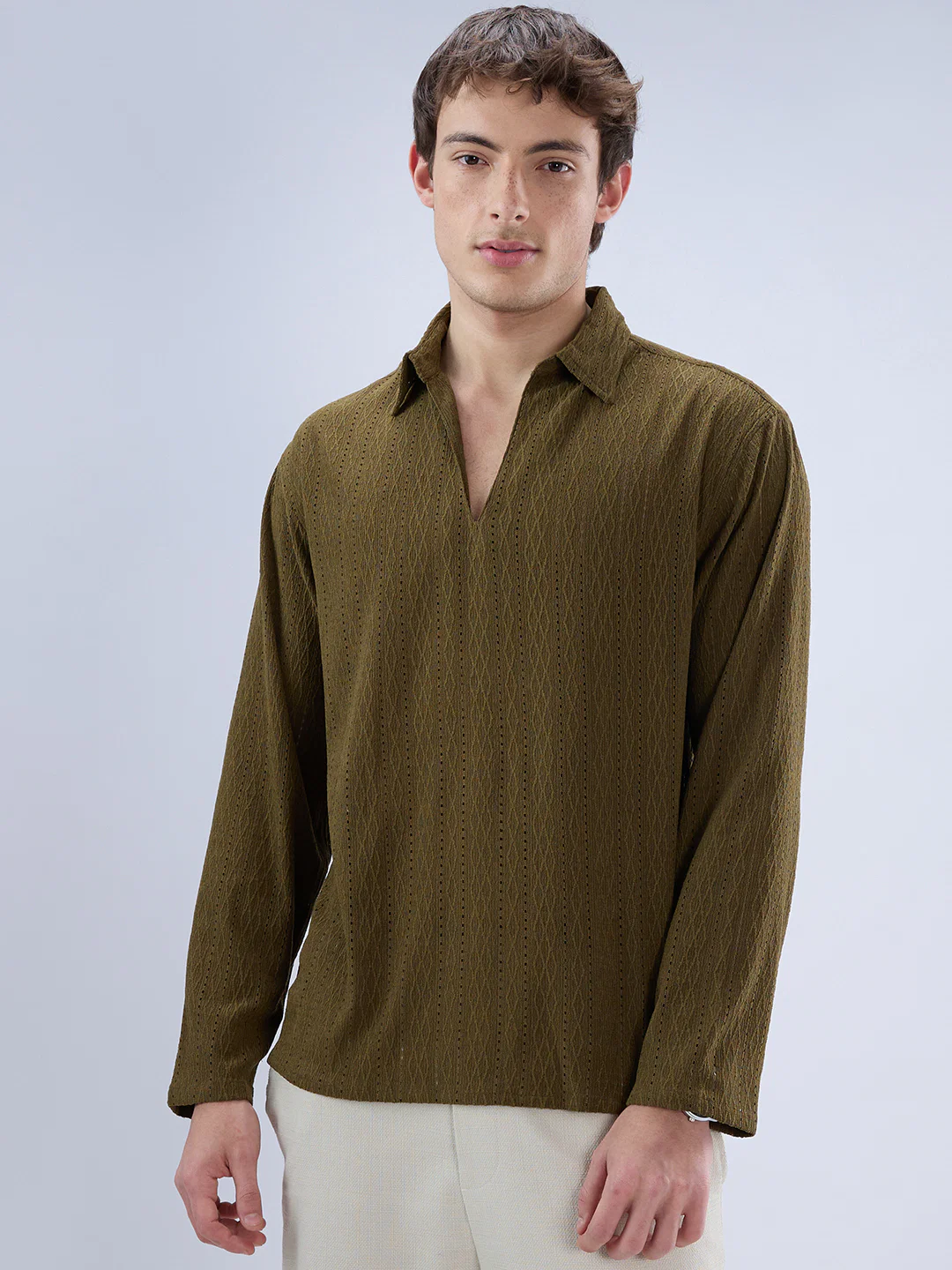 Olive Fine Lozenge Weave Polo Oversized Shirt - Image 5