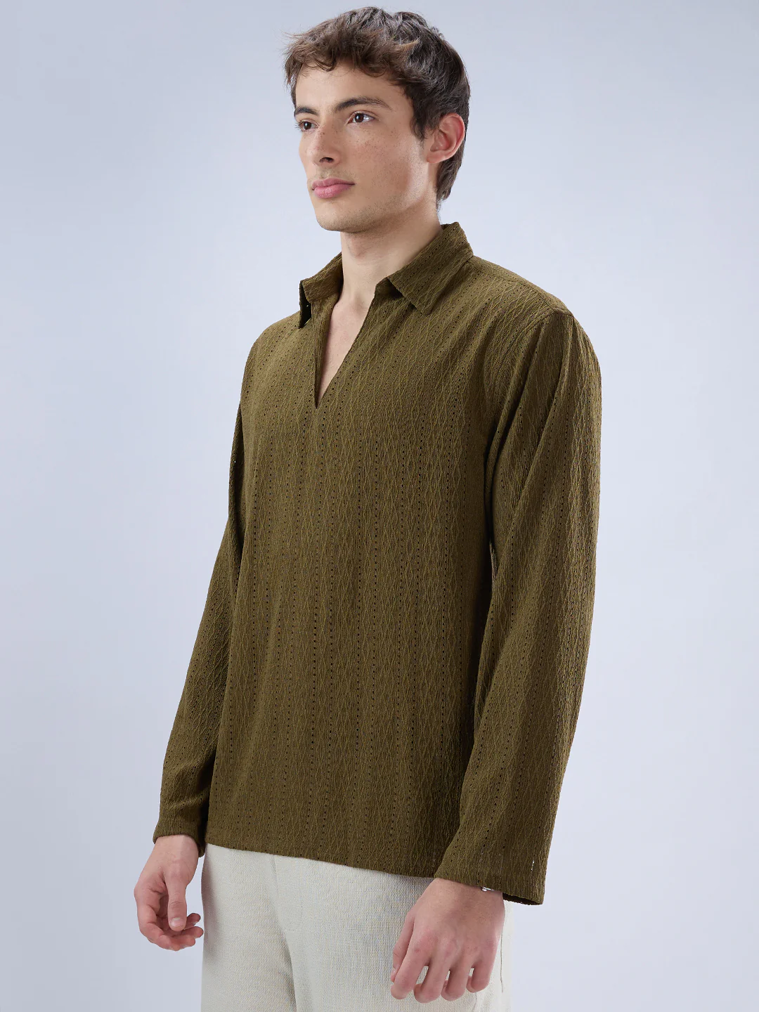 Olive Fine Lozenge Weave Polo Oversized Shirt - Image 6